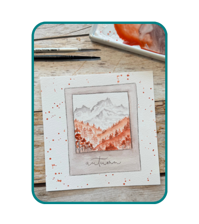 Das Bild zeigt ein herbstliches Aquarellmotiv, welches mit einem Polaroid abgebildet ist und man Berge und rot-orangene Wälder sieht